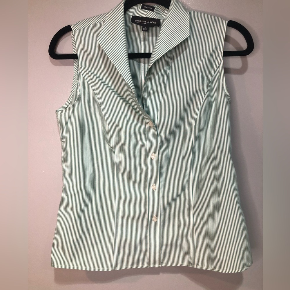 Jones New York Non Iron White Green Stripe Button Up Sleeveless Tank Top Blouse